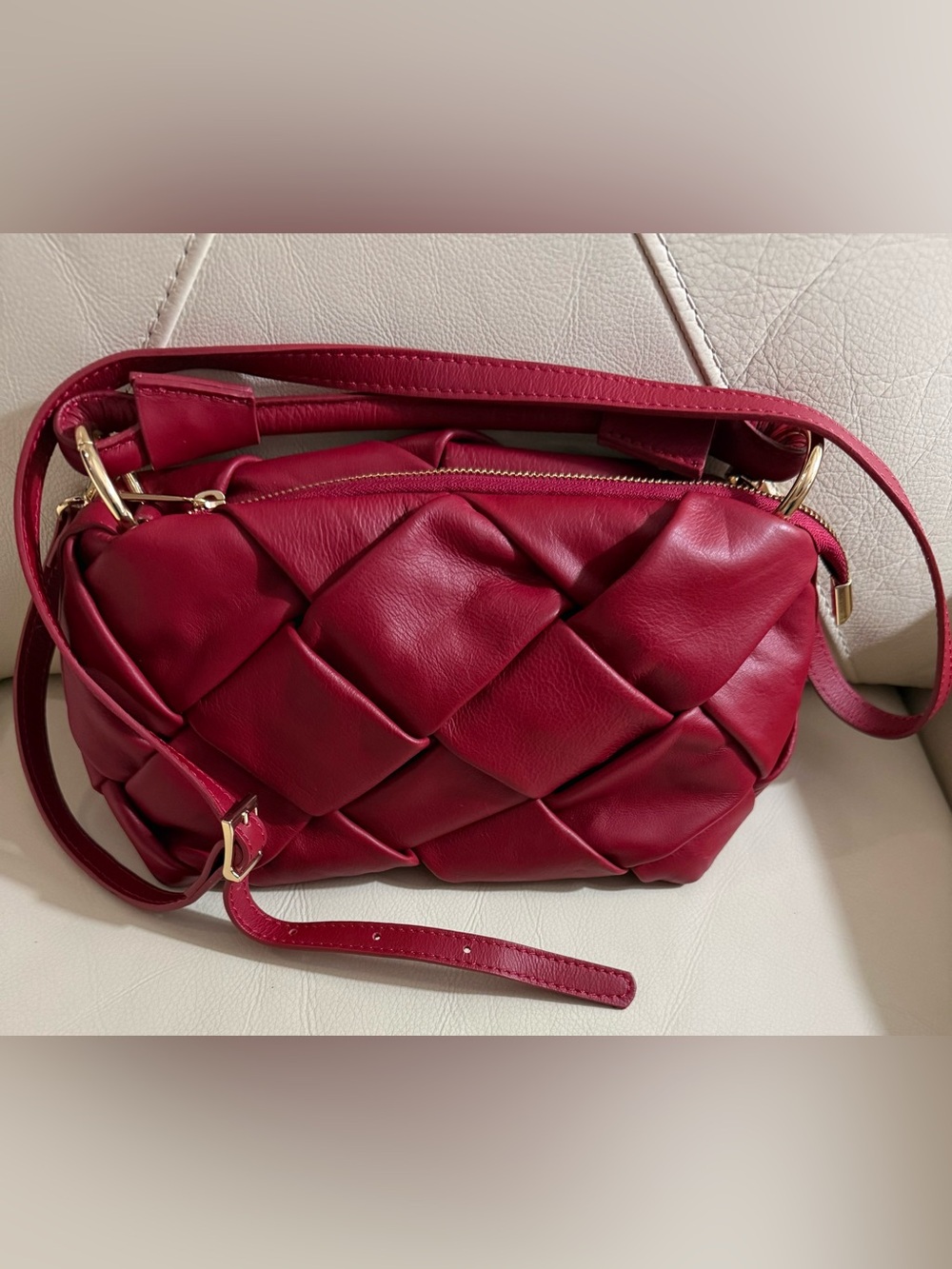 Woven Leather Crossbody Bag in Deep Red